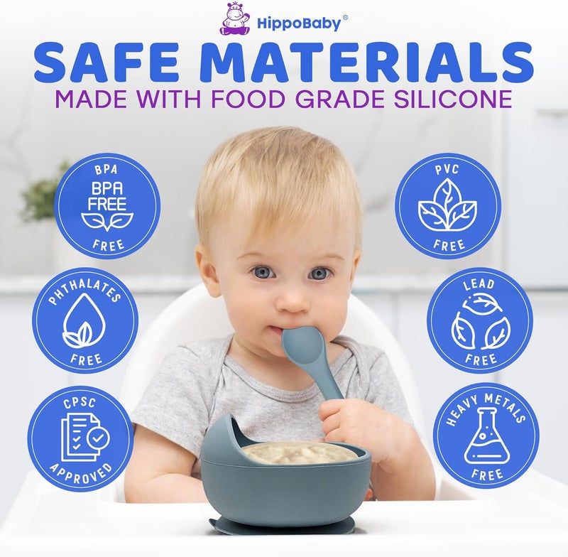 HippoBaby Baby Led Weaning Supplies | 10 Piece Silicone Baby Feeding Set | Baby Toddler Bib Cup Divided Plate and Bowl Self Feeding Spoons Dish Set | Baby Utensils | Toddler Feeding Supplies (Sky) - Image 5